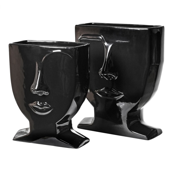 Abstract black face vase set of 2